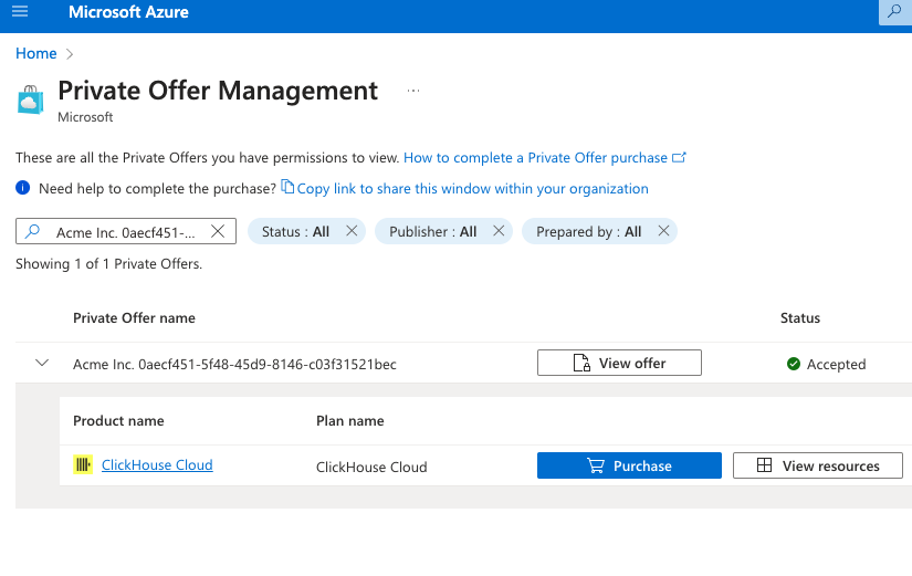 Страница управления приватным предложением Azure Marketplace, покупка доступна