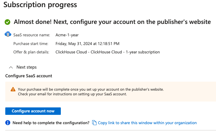 Кнопка Azure Marketplace Configure account now