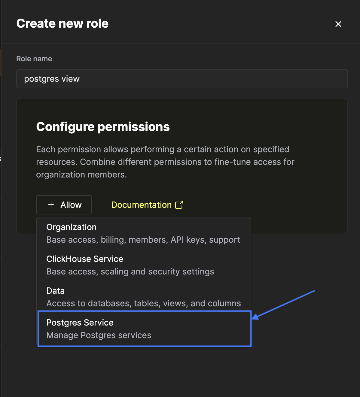 Выбор сущности 'Сервис Postgres'